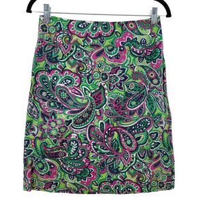 Talbots Petite Skirt 4P Green Pink Graphic Paisley Print Cotton Lightweight Mini